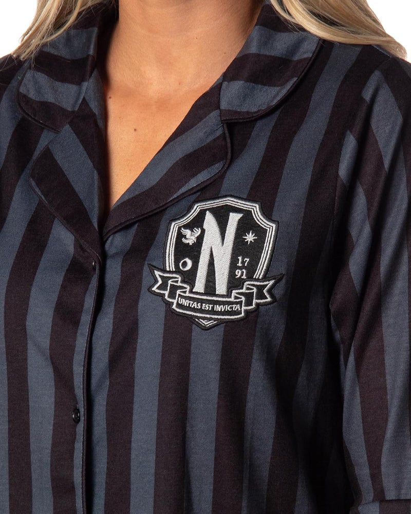 INTIMO Wednesday Addams Family Women's Nevermore Academy Uniform Costume Collared Pajama Nightgown Sleep Shirt - Image 1